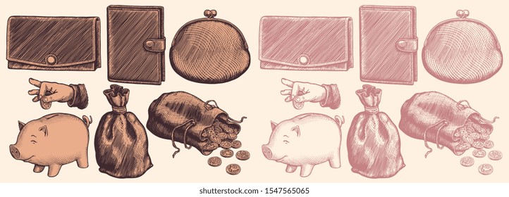 Purses and piggy banks. Design set. Hand drawn engraving. Editable vector vintage illustration. Isolated on light background. 8 EPS 