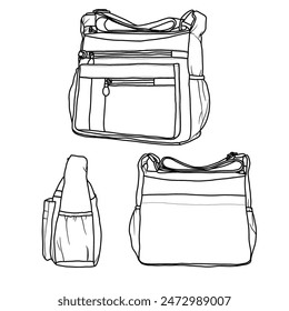 Bolsos y bolsos del hombro para las mujeres Bolso cruzado del cuerpo Bolsos de mensajero Arte de la línea, Conveniente para su diseño personalizado de los bolsos de las mujeres, contorno de la ilustración del garabato del Vector vista frontal y lateral, aislado en blanco