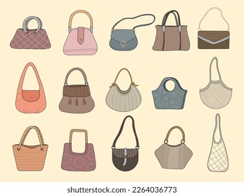 Purses. Stylized fashioned bags textile grocery mesh recent vector shoulder bags