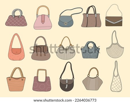 Purses. Stylized fashioned bags textile grocery mesh recent vector shoulder bags