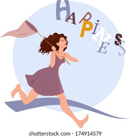 Pursuing happiness. Young woman running after flying word happiness with a butterfly net, vector illustration