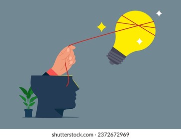 Pursuing innovative business idea. Hand businessman is trying to catch a flying light bulb. Flat vector illustration.