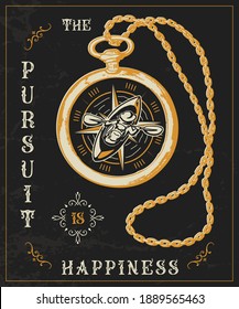 The pursuit is happiness. Craft retro vintage design. Graphic vector illustration. Old badge, label, logo template.