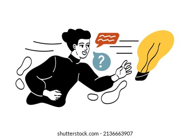 Búsqueda de idea. Hombre persiguiendo bombilla. Buscar inspiración y personalidad creativa. Decisión inusual. Creatividad e innovación. El tipo en busca del éxito. Dibujo vectorial plano de dibujos animados