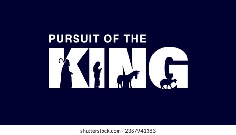 Pursuit of the KING, Christmas card with shepherds. The concept of the nativity scene is shepherds, donkey and sheep in the KING text. Vector illustration