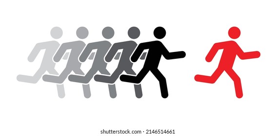 Pursuit Of The Leader Run. Be Different. Runaway Stickman. Running Sports. Vector Man Stick Figure. Teamwork Icon Or Pitcogtram. People Flee Route. Business Concept. Team Work Symbol. Leadership Logo.