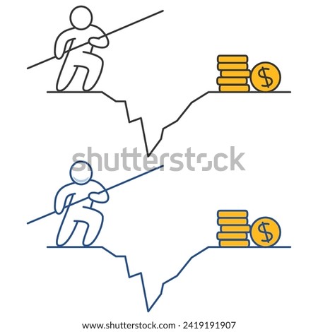 Pursuit of money.Money chase.Businessman sprinting up coin stairs.A businessman jumps for money.Jump pass cliff gap with money.Businessman jumps pole vault 