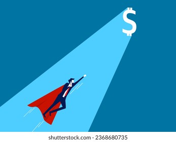 Pursuit of profit. Businessman hero towards shining money gate