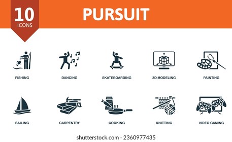 Pursuit set. Creative icons: fishing, dancing, skateboarding, 3d modeling, painting, sailing, carpentry, cooking, knitting, video gaming.