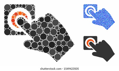 Push alarm button mosaic of round dots in variable sizes and color hues, based on push alarm button icon. Vector round elements are composed into blue mosaic.