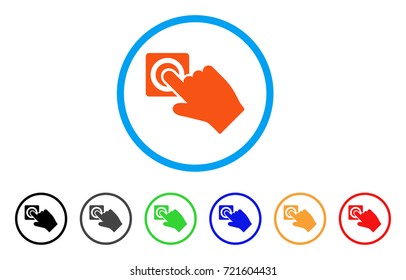 Push Alarm Button rounded icon. Style is a flat push alarm button orange symbol inside light blue circle with black, gray, green, blue, red, orange versions.