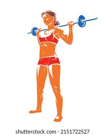 Push The Barbell Gym And Fitness Vector Illustration Of A Young Attractive Woman Doing Workout Exercises With A Barbell, Perfect Muscular Athletic Body Young Adult Girl Sport Training.