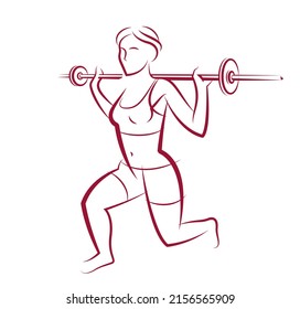 Push The Barbell Gym And Fitness Vector Illustration Of A Young Attractive Woman Doing Workout Exercises With A Barbell, Perfect Muscular Athletic Body Young Adult Girl Sport Training.