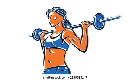 Push The Barbell Gym And Fitness Vector Illustration Of A Young Attractive Woman Doing Workout Exercises With A Barbell, Perfect Muscular Athletic Body Young Adult Girl Sport Training.