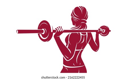 Push the barbell gym and fitness vector illustration of a young attractive woman doing workout exercises with a barbell, perfect muscular athletic body young adult girl sport training.