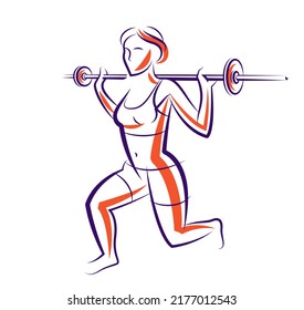 Push The Barbell Gym And Fitness Vector Illustration Of A Young Attractive Woman Doing Workout Exercises With A Barbell, Perfect Muscular Athletic Body Young Adult Girl Sport Training.