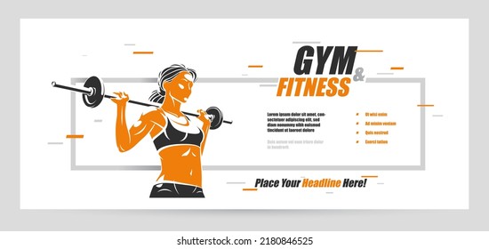 Push The Barbell Gym And Fitness Vector Advertising Flyer, Young Attractive Woman Doing Workout Exercises With A Barbell, Perfect Muscular Athletic Body Young Adult Girl Sport Training Banner.