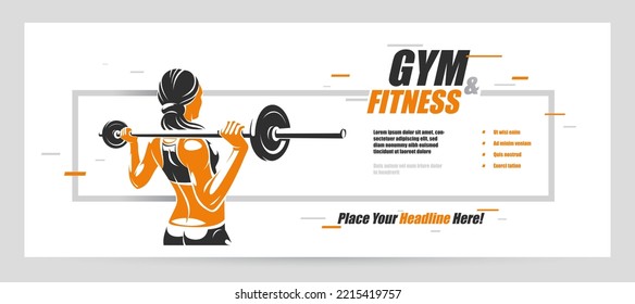 Push The Barbell Gym And Fitness Vector Advertising Flyer, Young Attractive Woman Doing Workout Exercises With A Barbell, Perfect Muscular Athletic Body Young Adult Girl Sport Training Banner.