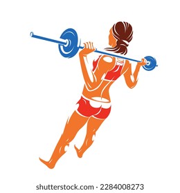 Push the barbell gym and fitness vector illustration of a young attractive woman doing workout exercises with a barbell, perfect muscular athletic body young adult girl sport training.
