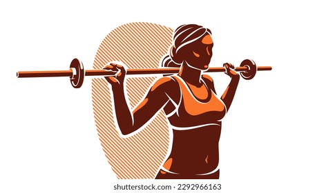 Push the barbell gym and fitness vector illustration of a young attractive woman doing workout exercises with a barbell, perfect muscular athletic body young adult girl sport training.