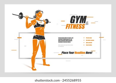 Push the barbell gym and fitness vector advertising flyer, young attractive woman doing workout exercises with a barbell, perfect muscular athletic body young adult girl sport training banner.