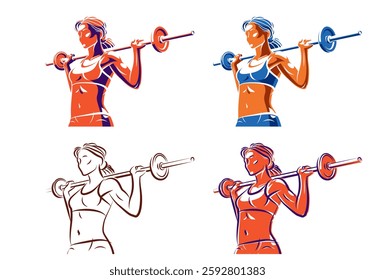 Push the barbell gym and fitness vector illustration of a young attractive woman doing workout exercises with a barbell, perfect muscular athletic body young adult girl sport training.