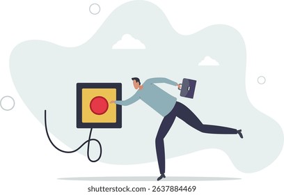 Push button call for emergency help, control or launch rocket, start new business or launch start up company concept. character life .