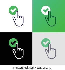 Push button with check mark by finger. Click yes. Thin line icon. Send for approval. Accept agreement. Modern vector illustration.