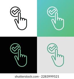 Push button with check mark by finger. Click yes. Thin line icon. Send for approval. Accept agreement. Modern vector illustration.
