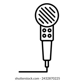 Push button microphone with karaoke settings, birthday party symbol. Outline of festive karaoke microphone for design of children entertainment center. Simple linear icon isolated on white background