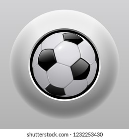 Push button with soccer ball, 3D shiny vector background.