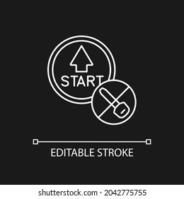 Push button start white linear icon for dark theme. Keyless ignition technology. Safety measure. Thin line customizable illustration. Isolated vector contour symbol for night mode. Editable stroke