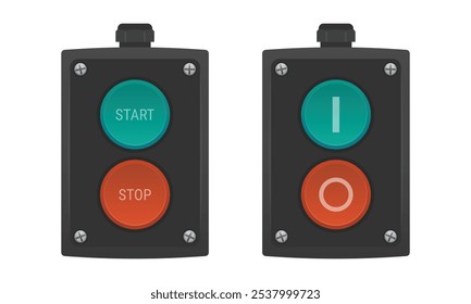 Empurre a estação de botão com dois botões "Iniciar" e "Parar" e glândulas de cabo. Conjunto de interruptores para ilustrações elétricas