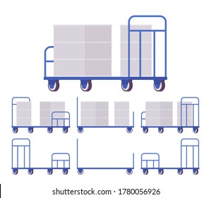 Push cart cargo blue trolley set, hand moving platform. Dolly for heavy items transportation, warehouse or factory easy storage and departure. Vector flat style cartoon illustration, different views