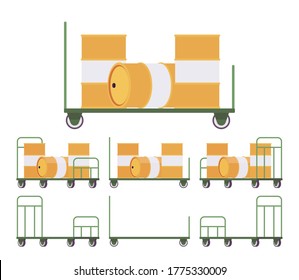 Push cart cargo green trolley set, hand moving platform. Dolly for heavy items transportation, warehouse or factory easy storage and departure. Vector flat style cartoon illustration, different views