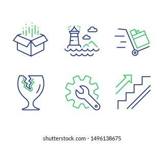 Push cart, Customisation and Lighthouse line icons set. Open box, Fragile package and Stairs signs. Express delivery, Settings, Navigation beacon. Delivery package. Industrial set. Vector