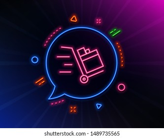 Push cart line icon. Neon laser lights. Delivery service sign. Express shipping symbol. Glow laser speech bubble. Neon lights chat bubble. Banner badge with push cart icon. Vector