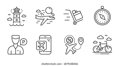 Push cart, Valet servant and Bike rental line icons set. Flight mode, Travel compass and Search flight signs. Lighthouse symbol. Express delivery, Parking man, Bicycle. Transportation set. Vector