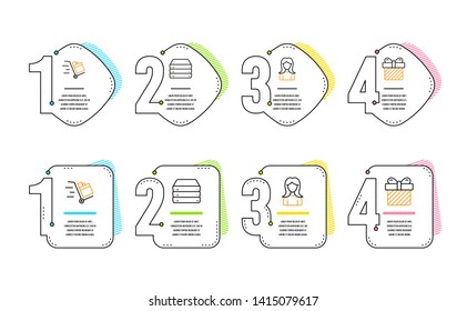 Push cart, Woman and Servers icons simple set. Surprise sign. Express delivery, Girl profile, Big data. Present with bow. Business set. Infographic timeline. Line push cart icon. 4 options or steps