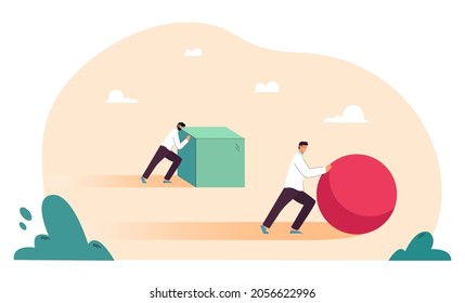 Push competition of two business people. Efficient businessman pushing ball, smarter winner working better, leading race flat vector illustration. Leadership, efficiency, innovative strategy concept