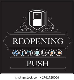 Push door. REOPENING text and practical prevention tips for the prevention of COVID19 coronavirus contamination. Service, restaurant, shop and cafe re-opening. Template: door sign, banner, blog.