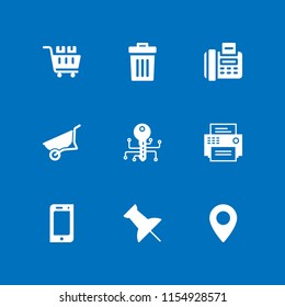 push icon. 9 push set with cart, wheelbarrow, smart key and fax vector icons for web and mobile app