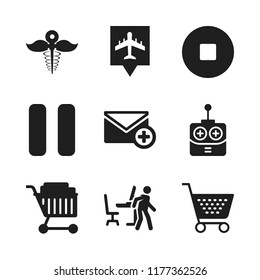 push icon. 9 push vector icons set. stop button, pause and airport pin icons for web and design about push theme