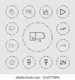 Push icon. collection of 13 push outline icons such as pin, adjust, play, finger pressing play button, dislike, panel control, update. editable push icons for web and mobile.