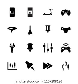 Push icon. collection of 16 push filled icons such as vending machine, children panties, pin, joystick, fast forward, bell. editable push icons for web and mobile.
