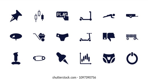 Push icon. collection of 18 push filled icons such as barrow, children panties, kick scooter, pin, joystick, switch off, control panel. editable push icons for web and mobile.