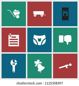 Push icon. collection of 9 push filled icons such as barrow, wrench, dislike, paper pin, vending machine, children panties. editable push icons for web and mobile.