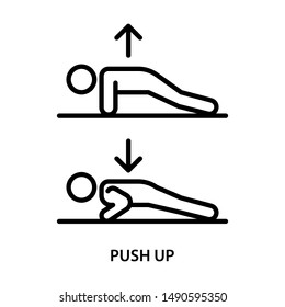 Push up icon. Man exercising push up on the floor. Body weight. Stroke outline style. Vector. Isolate on white background.