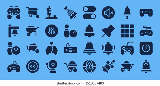 push icon set. 32 filled push icons. on blue background style Collection Of - Gamepad, Bell, Bowling, Wheelbarrow, Button, Joystick, Controller, Bells, Alarm, Switches, Mute icons