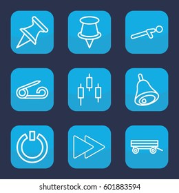 push icon. Set of 9 outline push icons such as barrow, pin, push up, fast forward, bell, switch off